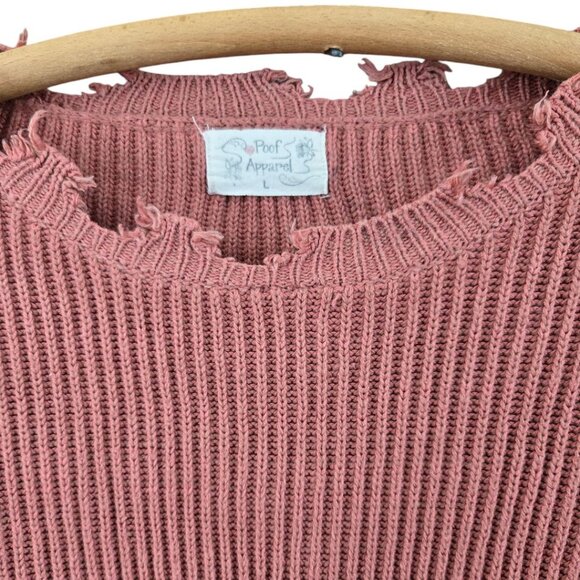 Distressed Pink Knit Crop Sweater By Poof Apparel - Long Sleeve Crew Neck Large - Picture 3 of 8